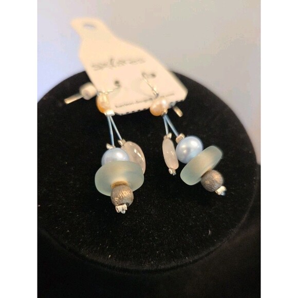 Simon Harrison Blue, White & Silvertone Earrings Made From Recycled Glass NWT - Picture 7 of 7